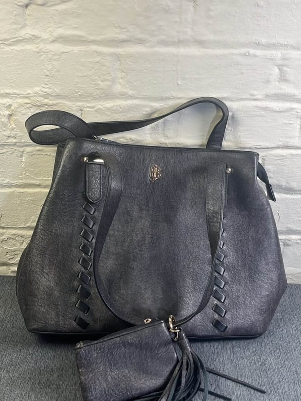 Women's Black Tote Bag with Tassel Pouch